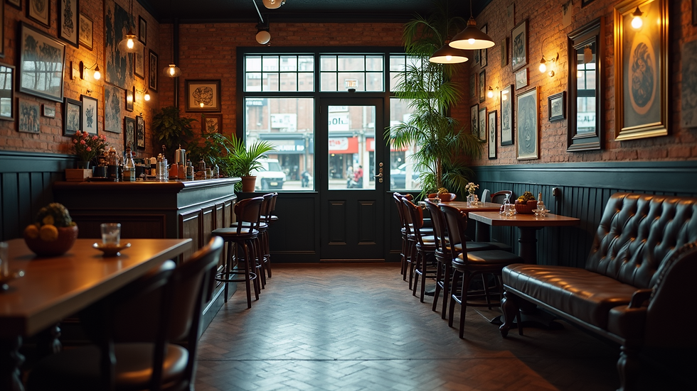 High angle view of a tattoo shop’s cozy waiting area with art on the walls
