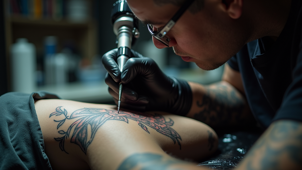 Close-up view of a tattoo artist working on a detailed design