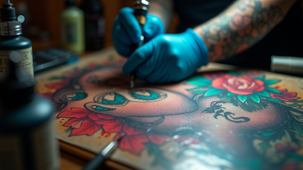 Eye-level view of a tattoo artist’s workstation with colorful inks and tools