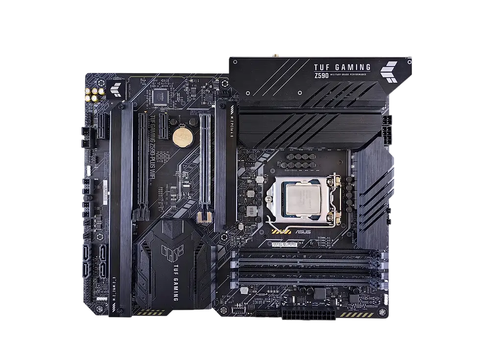 Studio photography of a black TUF Gaming computer motherboard, a key component for PC builds.