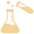 A beige laboratory flask with measurement marks, bubbles above it, and a tilted dropper or test tube beside it on a black background.