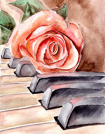 Rose on the piano. Watercolor flower..jp