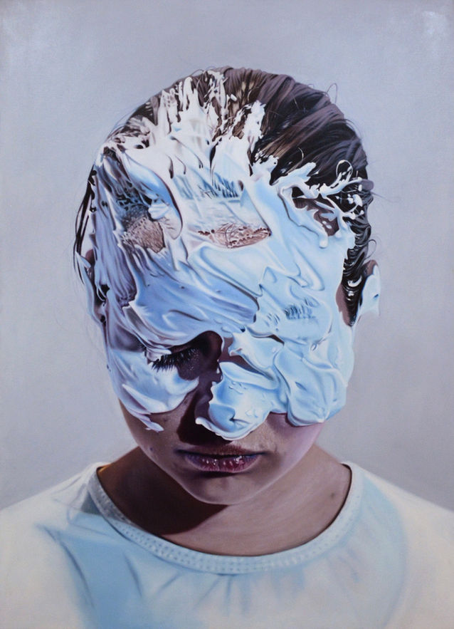 Hyperrealist portrait of a young woman's cast down face partially covered in white shaving cream.