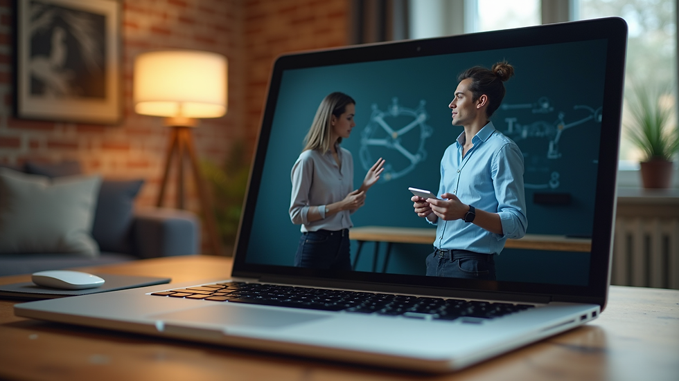 Eye-level view of a laptop displaying a virtual leadership training session