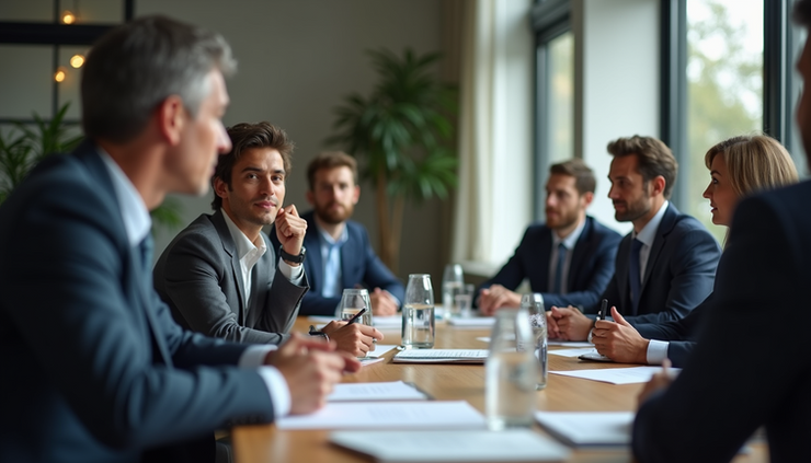 Close-up view of a leadership development workshop with executives engaged in a conflict resolution exercise