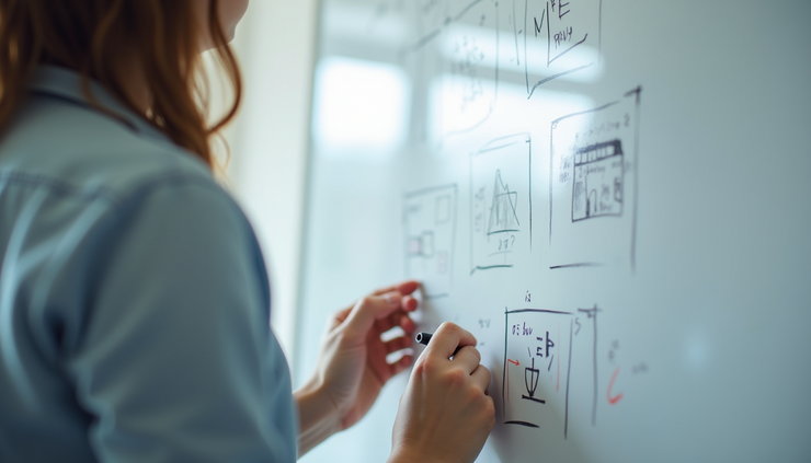 Close-up view of a person writing notes on a whiteboard with diagrams and arrows