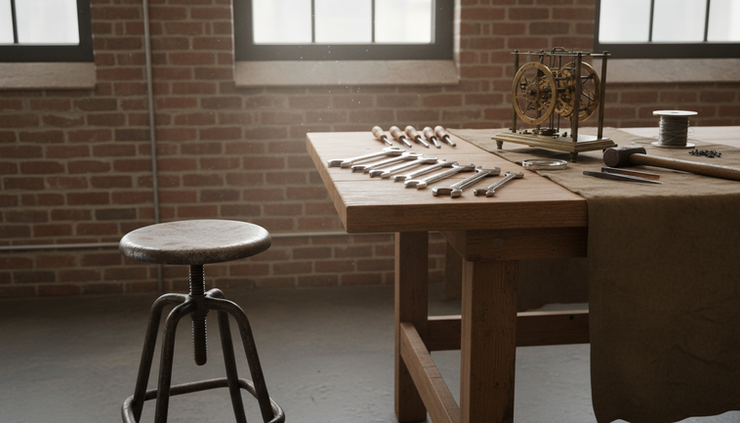 Eye-level view of an empty work stool beside unfinished tools in a quiet repair workshop.