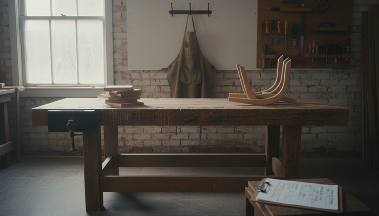 Wide-angle view of an empty workshop bench with unfinished wooden parts.