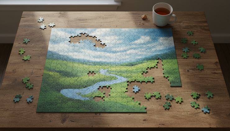 Overhead view of a half-finished puzzle with several missing pieces on a kitchen table.