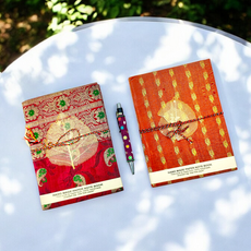Luxurious diary wrapped in Banarasi Zari fabric, showcasing intricate weaving and sustainable craftsmanship. Ideal for gifting, branding, or personal use with a touch of Indian textile heritage.