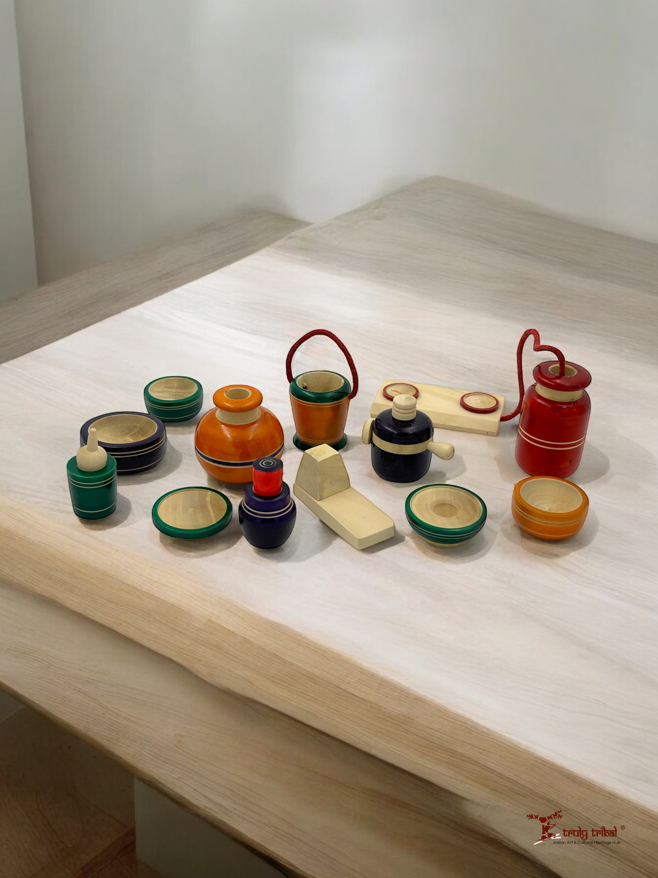 Wooden chef’s play kitchen set handcrafted by Channapatna artisans, designed for imaginative play.