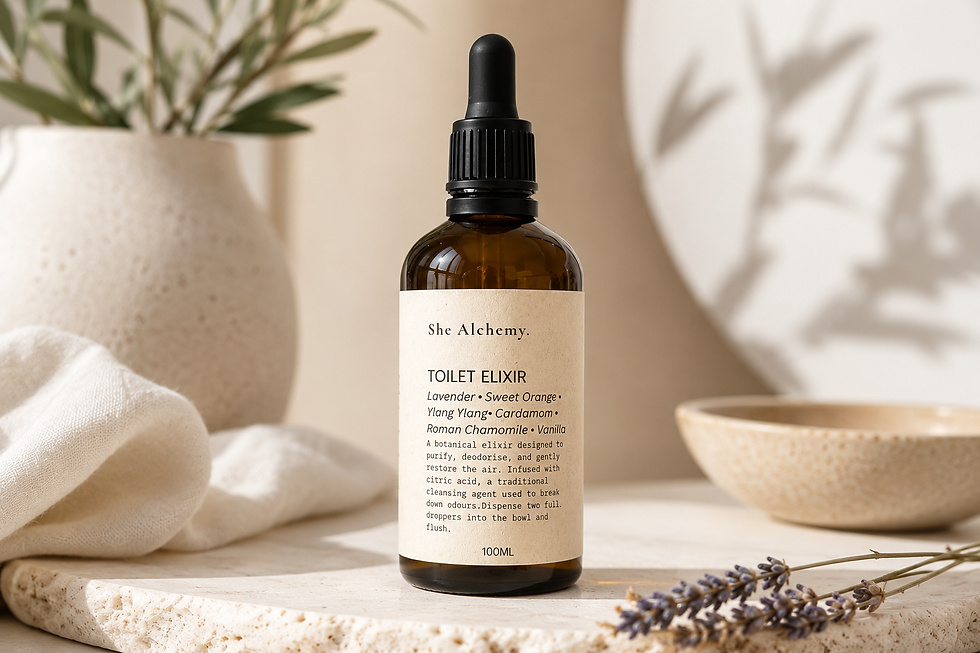 The Alchemy Toilet Elixir dropper bottle on a stone surface