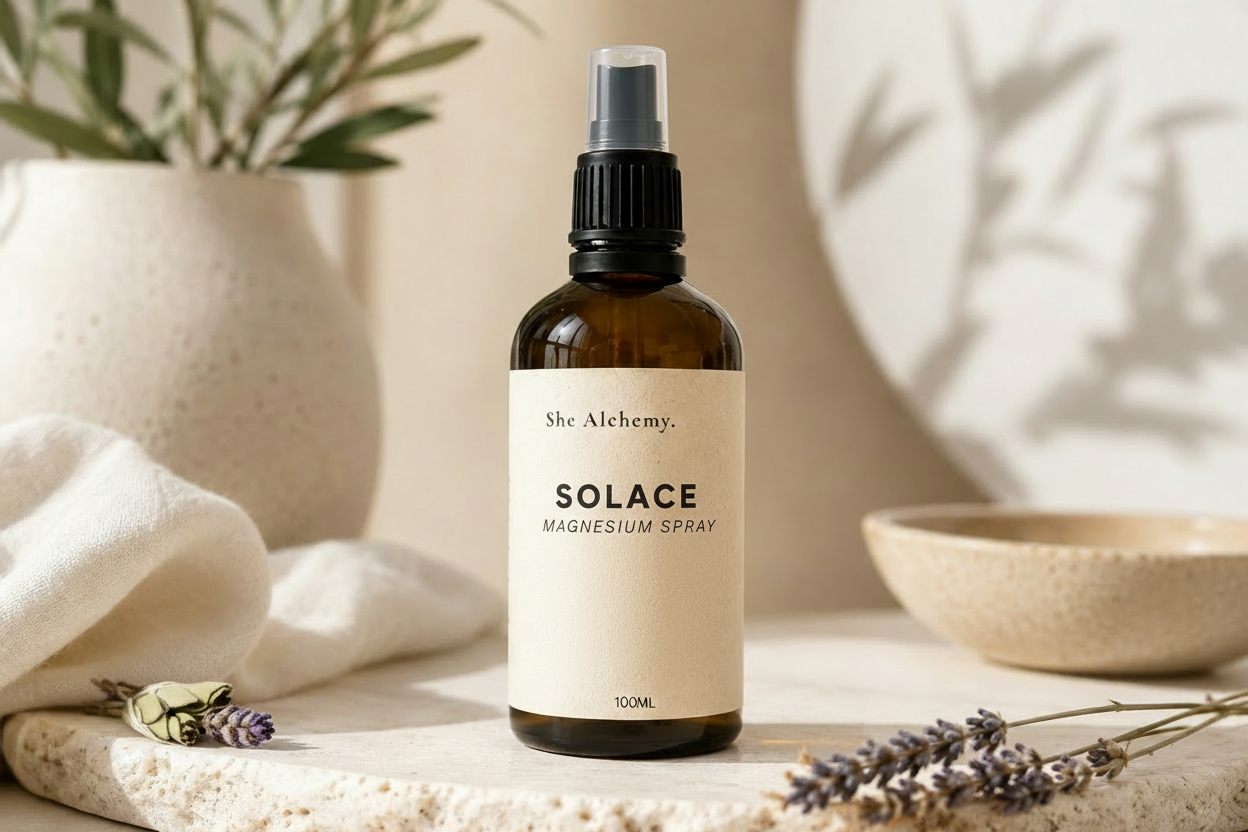 Solace Magnesium Spray bottle on a stone surface
