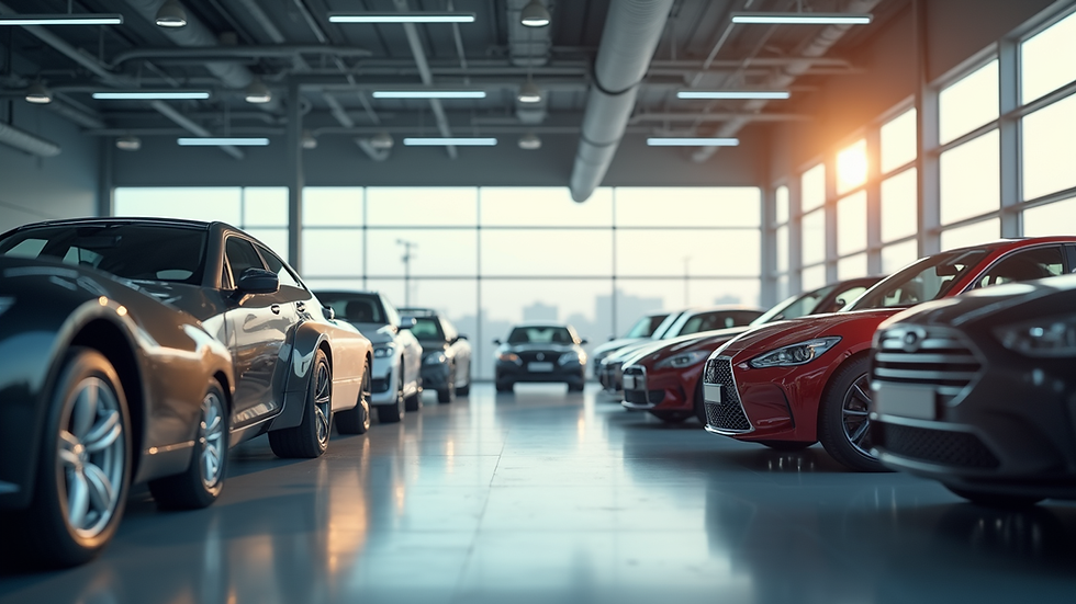 Wide angle view of a car dealership showcasing various vehicles