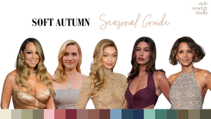 Soft Autumn seasonal colour palette with celebrity examples. Soft Autumn colour analysis palette with warm, muted tones. Seasonal colour wheel highlighting the Soft Autumn category. Soft Autumn colour inspiration from nature in earthy, muted hues. Soft Autumn outfit example in dusty rose and olive green. Soft Autumn celebrities with warm, soft colouring. Soft Autumn hair colour range from soft golden blonde to rich warm brown. Soft Autumn colour analysis digital guide cover. Soft Autumn eye colours with warm green, hazel, and soft brown tones. Colours to avoid for Soft Autumn seasonal colour type. Soft Autumn makeup comparison in colour versus black and white. Best colours for Soft Autumn wardrobe and styling. Soft Autumn colour wallet digital swatch guide. Correct vs incorrect colours for Soft Autumn skin tone. Soft Autumn colour palette compared to True Autumn and Soft Summer.