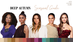 Deep Autumn seasonal colour palette with celebrity examples. Deep Autumn colour analysis palette with rich, warm, earthy tones. Seasonal colour wheel highlighting the Deep Autumn category. Deep Autumn colour inspiration from nature in warm, deep autumnal hues. Deep Autumn outfit example in rust, olive, and deep burgundy. Deep Autumn celebrities with warm, deep colouring. Deep Autumn hair colour range from dark chocolate brown to warm black. Deep Autumn colour analysis digital guide cover. Deep Autumn eye colours with warm brown, hazel, and deep green tones. Colours to avoid for Deep Autumn seasonal colour type. Deep Autumn makeup comparison in colour versus black and white. Best colours for Deep Autumn wardrobe and styling. Deep Autumn colour wallet digital swatch guide. Correct vs incorrect colours for Deep Autumn skin tone. Deep Autumn colour palette compared to True Autumn and Deep Winter.