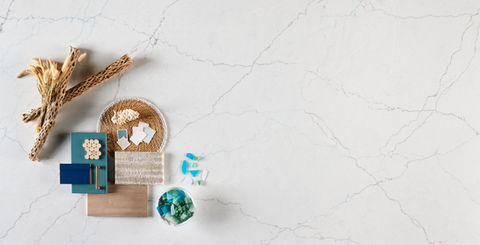 Blue coastal interior design flat lay mood board kitchen