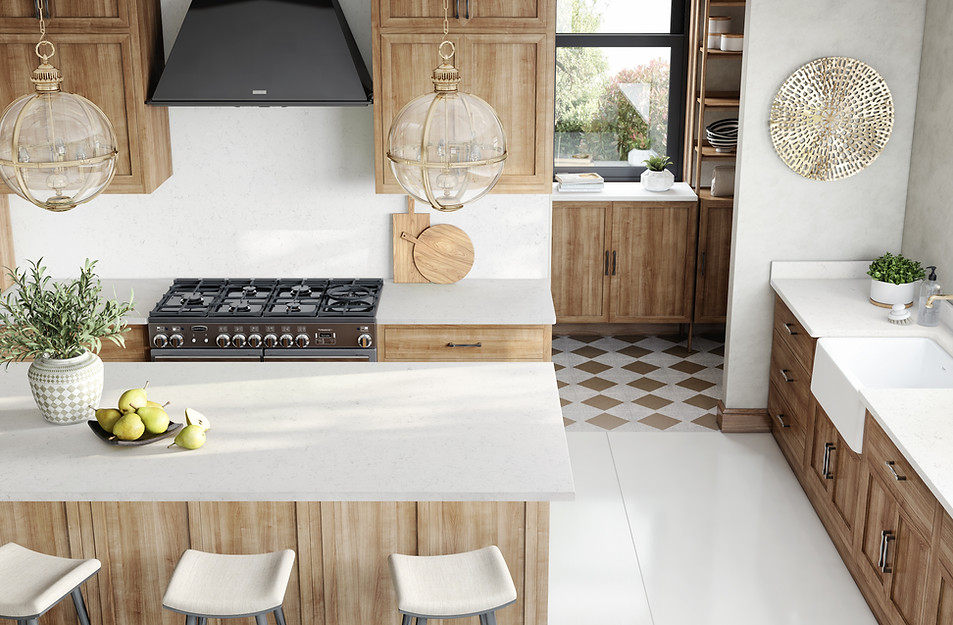 Kitchen design with white quartz countertops on backsplash, countertops and island