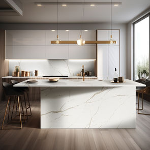 White marble-look quartz on kitchen island and backsplash
