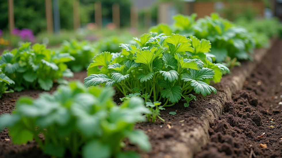 High angle view of a vegetable garden with companion planting and mulch