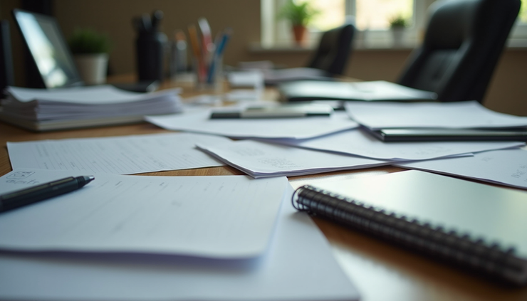 Eye-level view of a cluttered desk with a heavy stack of papers and a tired notebook