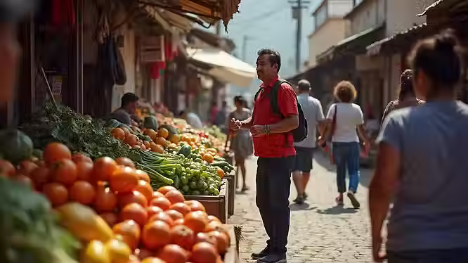 Turista en mercado de frutas en México