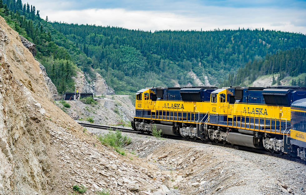 A red train with yellow trim travels on a track through a mountainous area. Lush green pine trees cover the mountainsides and a clear blue sky is above.