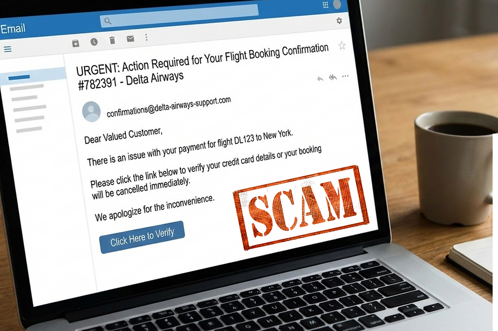 Email scam alert on laptop screen; message requests flight payment confirmation. Red "SCAM" stamp overlaid. Coffee cup nearby.