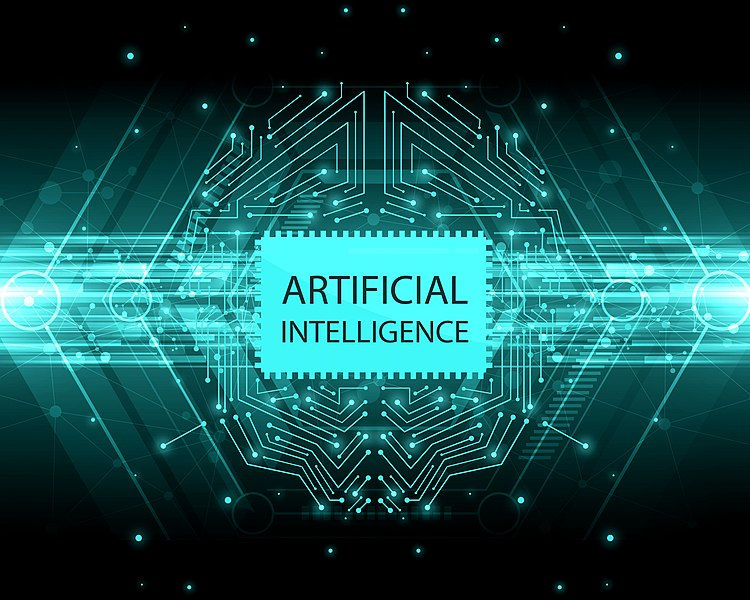 Artificial Intelligence poster with blue circuit lines