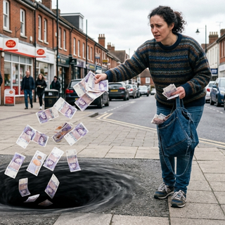 Person throwing £20 notes into a black hole