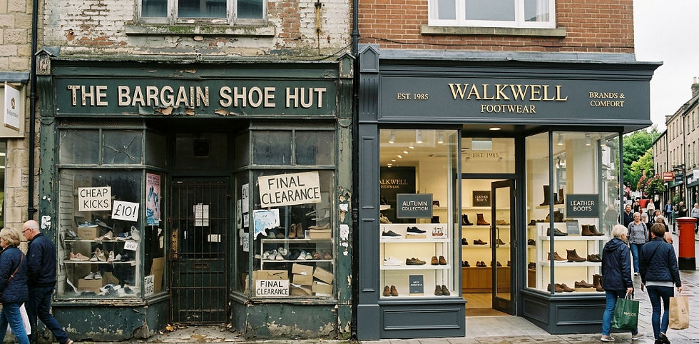 Two shoe shops, one run down and one very nice shop