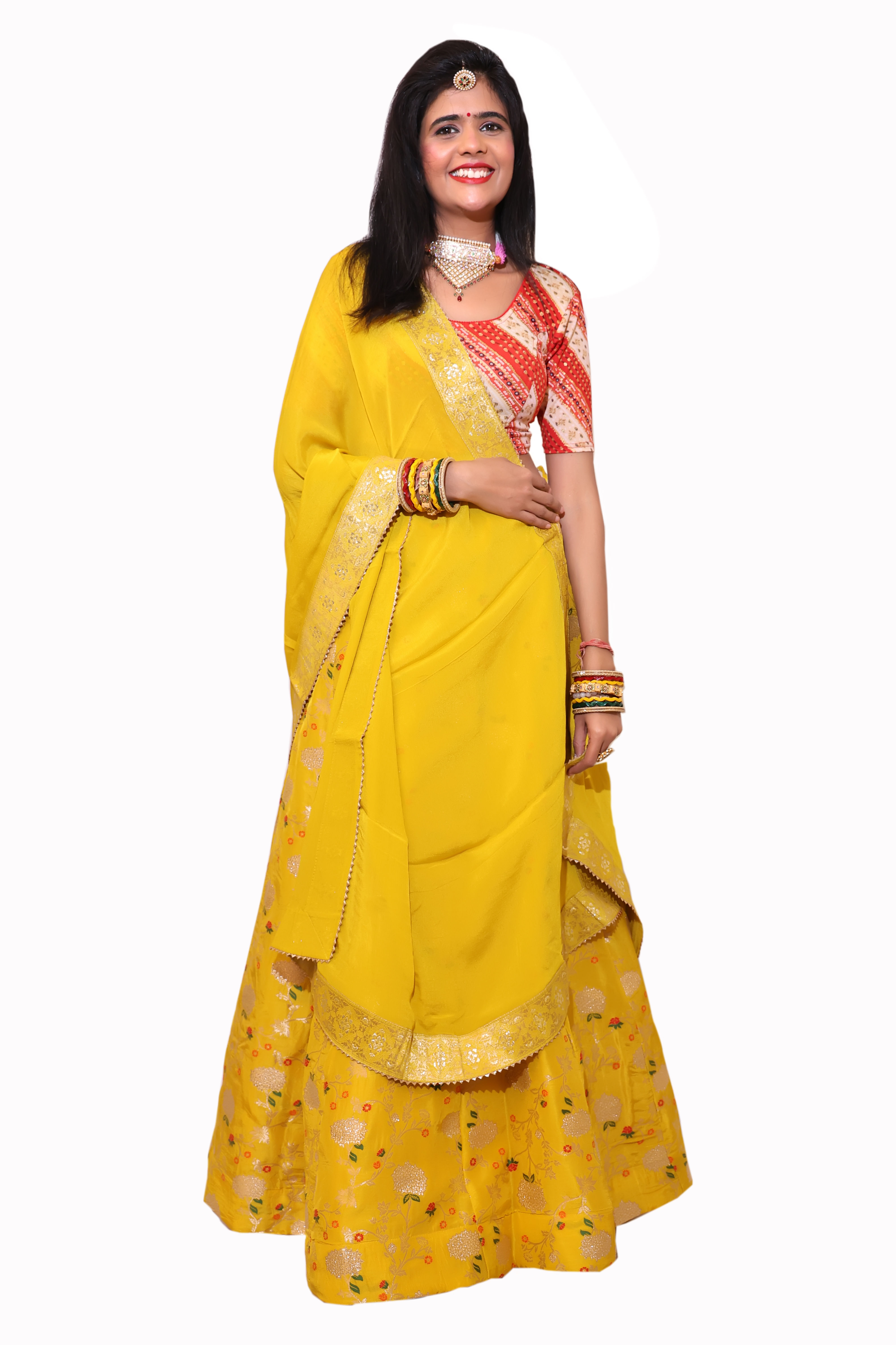 Yellow Banarsi Jacquard Print Lehnga Set