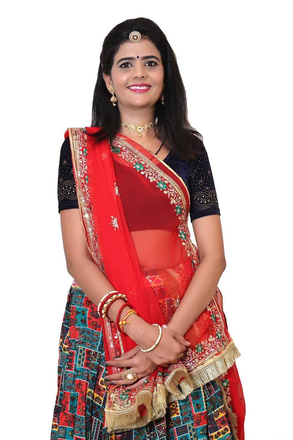 Thumbnail: Turqouise Cotton Printed lehenga with Red Odhani