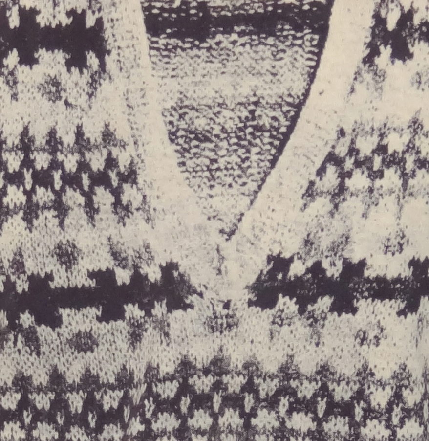 Miniature : Detail of printed Cream fairisle t-shirt on Black , Designers Frances Dove and Denis Murphy