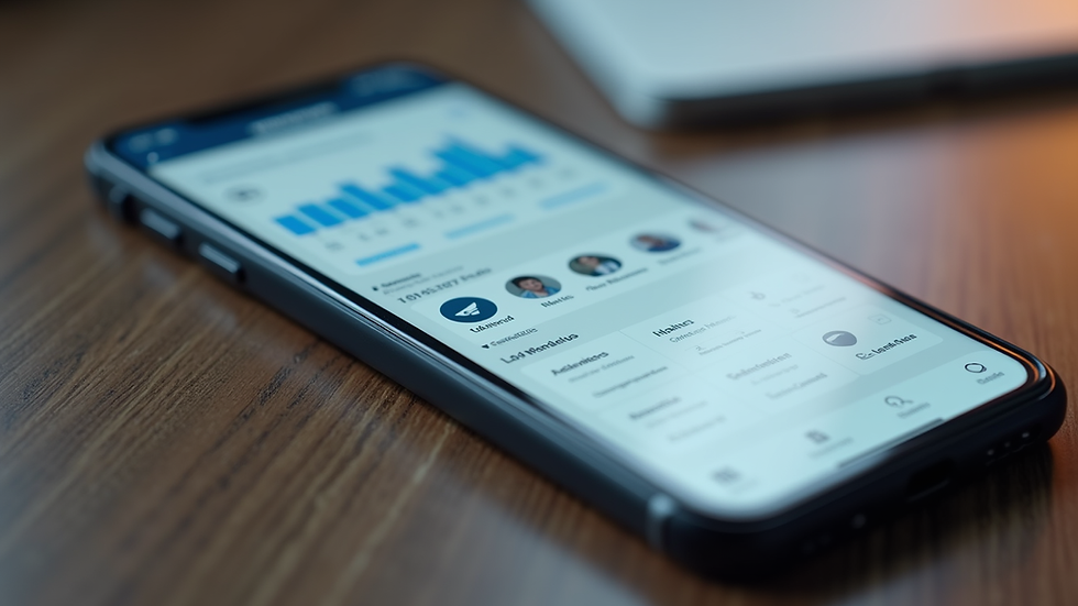 Close-up view of a smartphone showing social media marketing dashboard