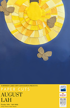 A collage featuring a bright yellow lightbulb surrounded by concentric circles made from paper with butterflies in the corne