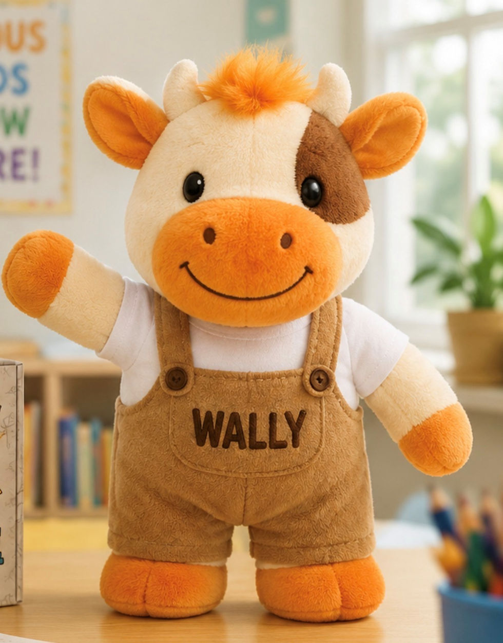 Plush cow character named Wally standing on a desk in a classroom