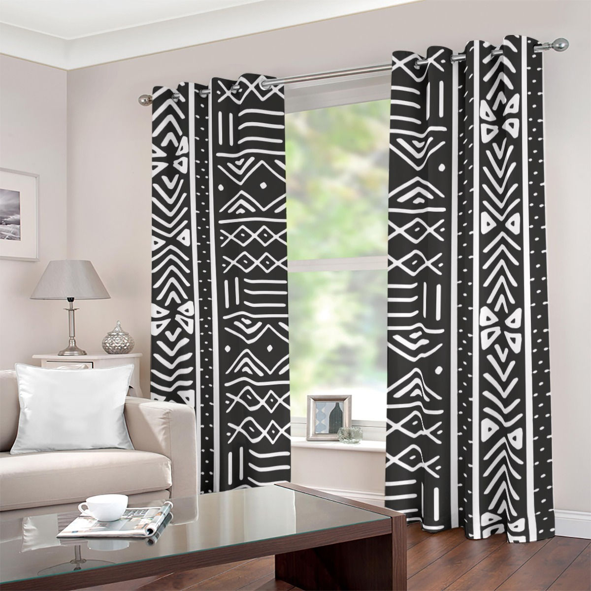White & Black Bogolan Print Blackout Grommet Curtains