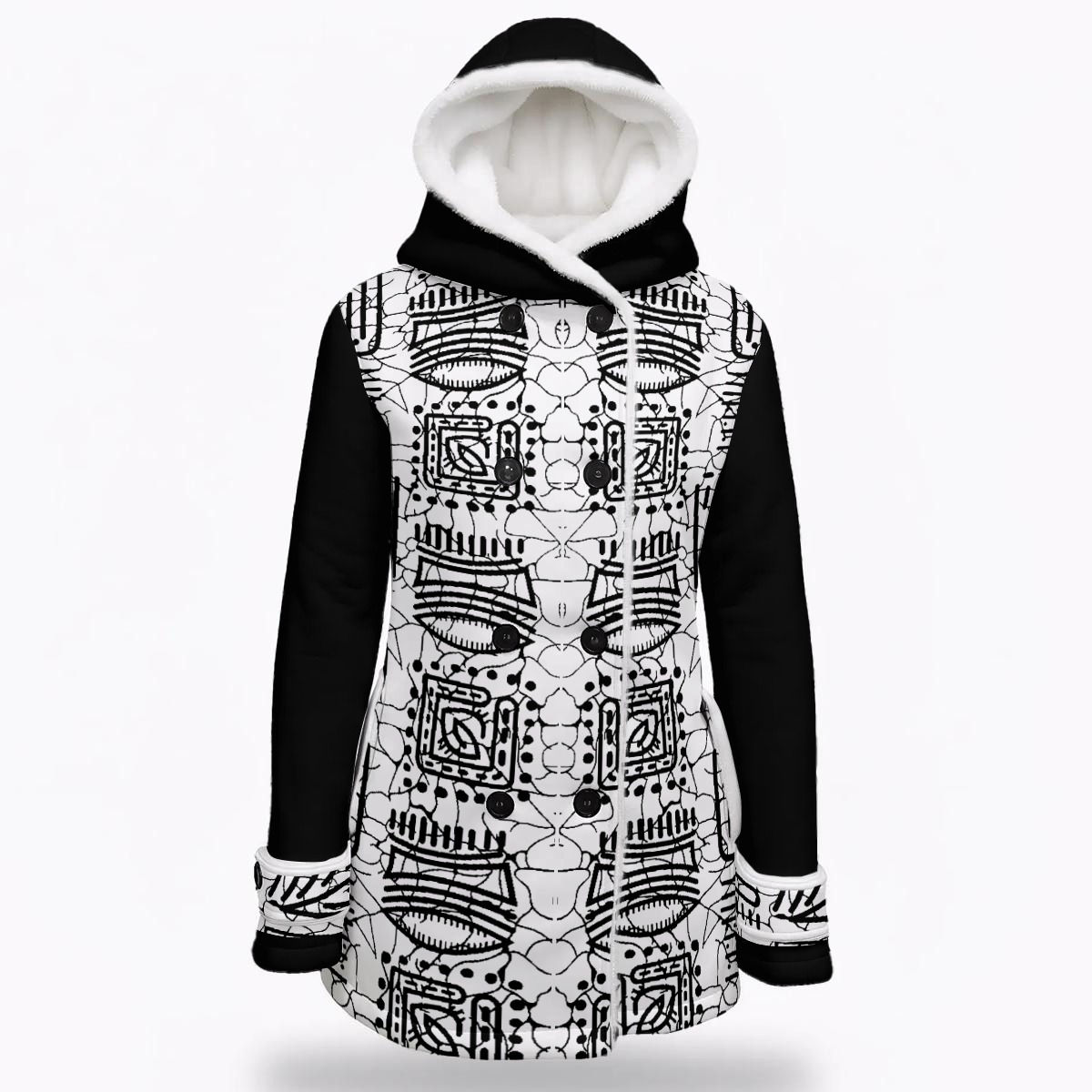 Women's Hooded Double-Breasted Fleeced Winter Coat: Black Bogolan