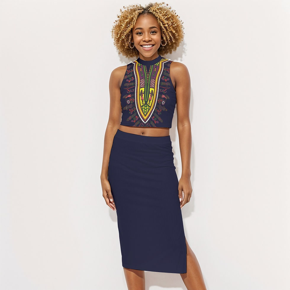 Navy Blue Dashiki Women's Tank Top & Split High Skirt Set