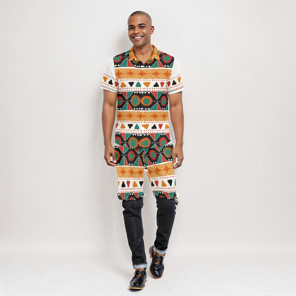 Tribal Bogolan Print Men's Short Sleeve Shirt and Pant Set