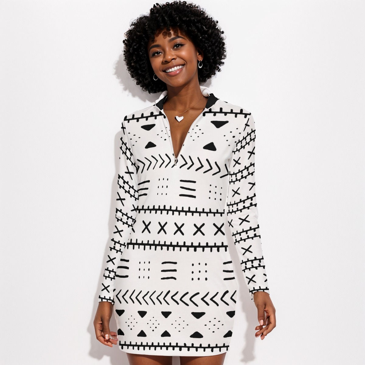 African Mudcloth Women's Zip Front Tight Mini Dress