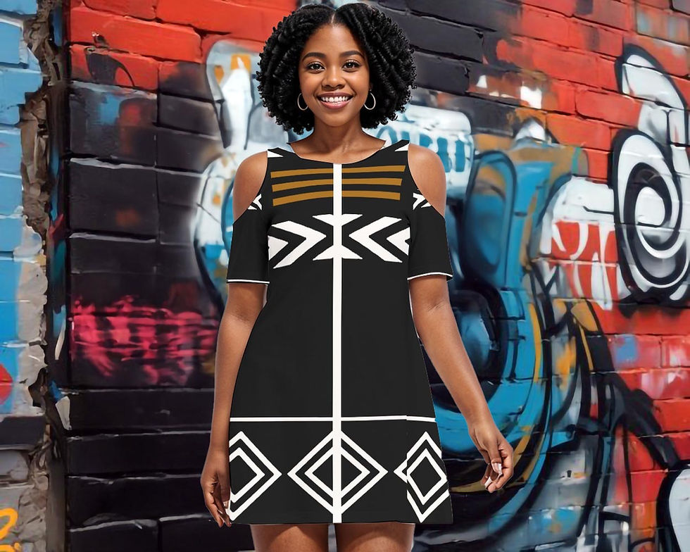 Black White and Gold Bogolan Women's Cold Shoulder Dress