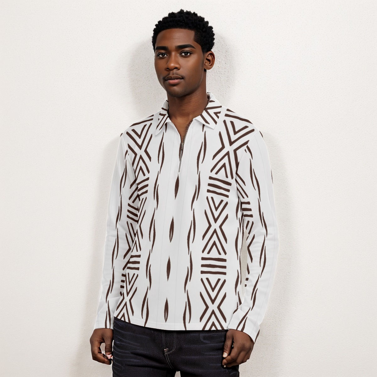 Striped Brown on White Men's Lapel T-shirt With Neckline Zipper Closure