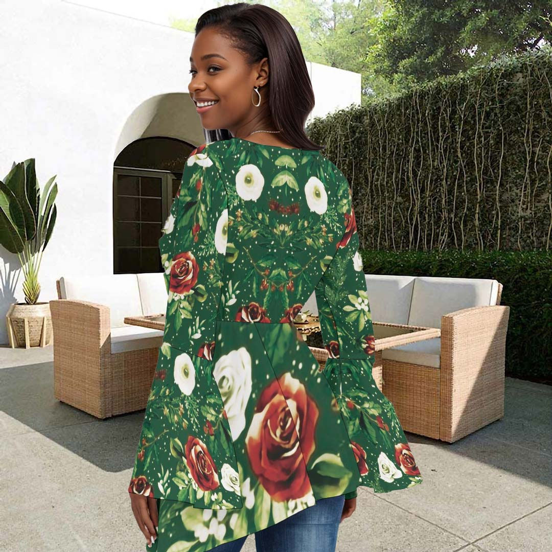 African Floral Print Women's V-neck Blouse With Flared Sleeves