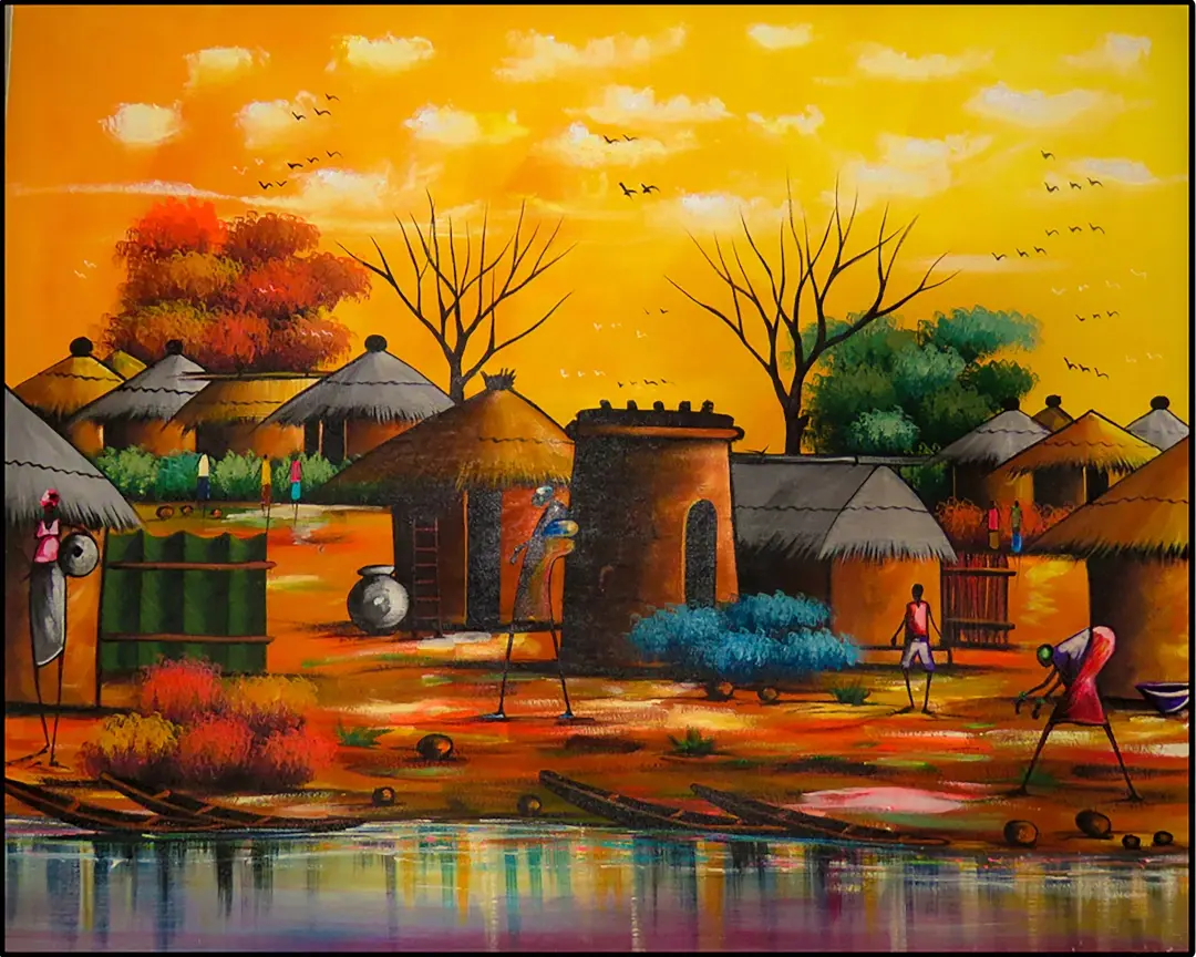 Golden Village Serenity – African Riverside Life Canvas Wall Art (Framed 40×30cm