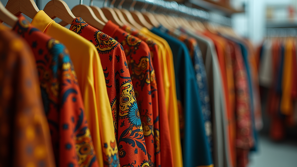 Eye-level view of a clothing rack with vibrant African-inspired garments
