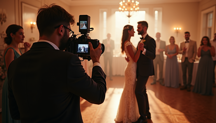 Eye-level view of a videographer holding a camera capturing a bride and groom dancing