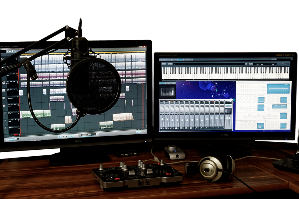 Eye-level view of a laptop screen showing audio mastering software interface