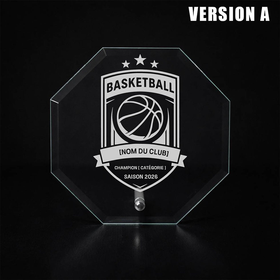 Plaque octogonale en verre biseauté, gravée laser et personnalisée, trophée basket 2026 versions A blason club et B joueur du